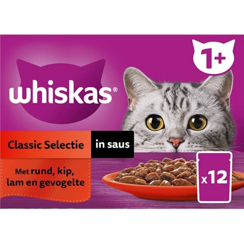natvoer voor volwassen katten 1+ mixselectie in saus 12 x 85 g van Whiskas – productfoto