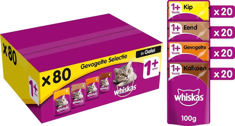 Whiskas 1+ Adult Katten Natvoer - Gevogelte in Gelei - 80 x 100g by Whiskas – product photo