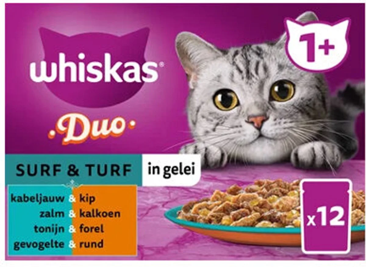 Whiskas 1+ Natvoer - Duo - Surf & Turf in Gelei - 24 x 85 gram van Whiskas – productfoto