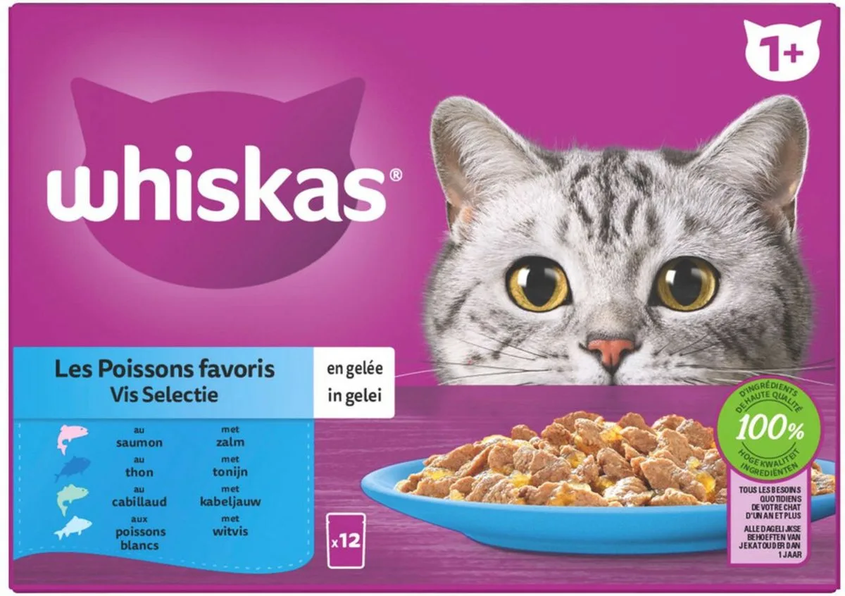 Whiskas 1+ Vis Selectie in Gelei Maaltijdzakjes Multipack - 2 x 24 x 85 gr - Voordeelverpakking van Whiskas – productfoto