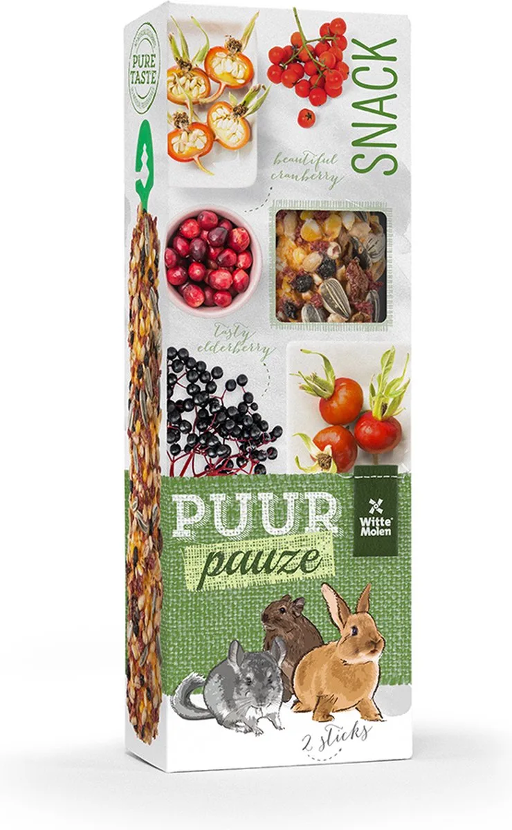 Knaagdierensnack - Knaagdier - Puur Pauze Sticks Veenbes & Vlierbes 110gr - Tray - 2st by Witte Molen – product photo