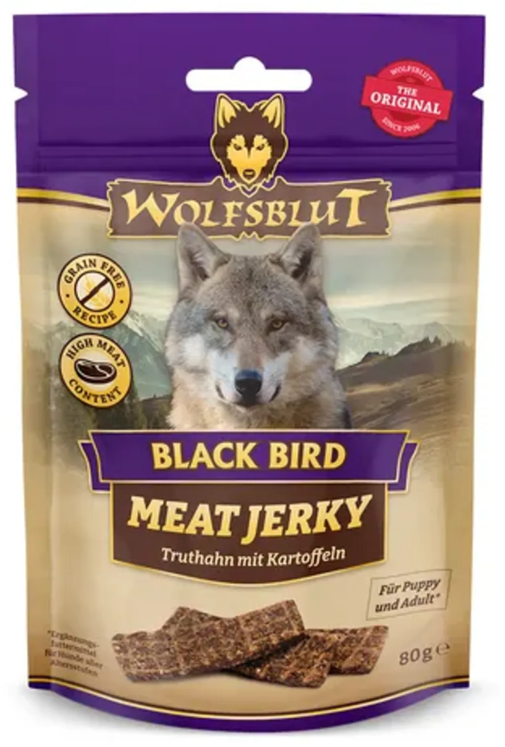 Hundesnack Meat Jerky Black Bird - 80 g von Wolfsblut – Produktfoto