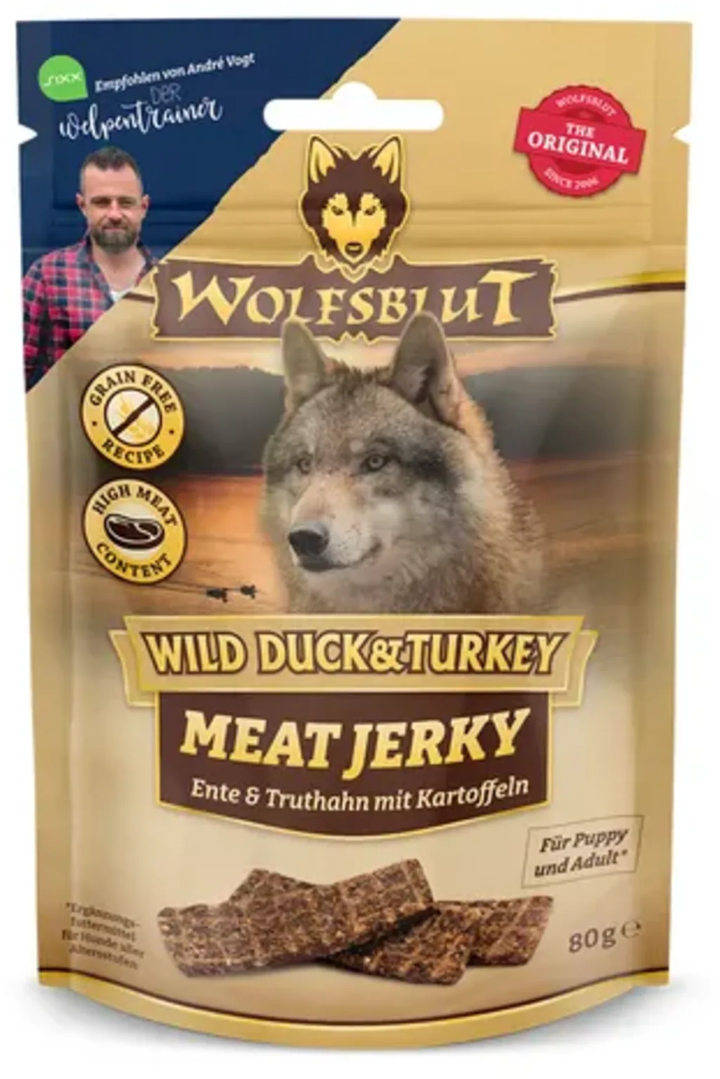 Hundesnack Meat Jerky Wild Duck & Turkey - 80 g von Wolfsblut – Produktfoto