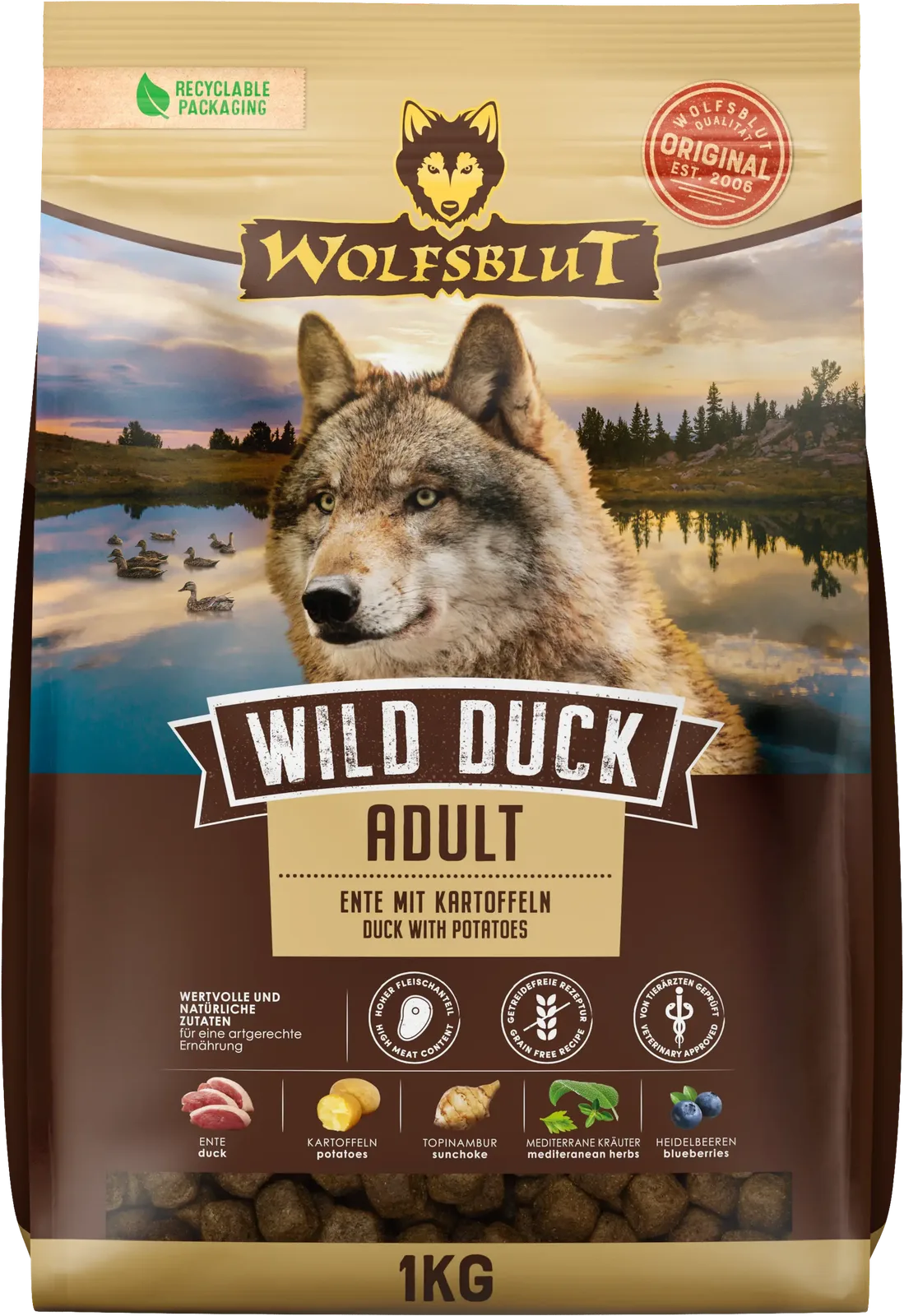 Hundetrockenfutter Wild Duck Adult Ente & Kartoffeln - 1 kg von Wolfsblut – Produktfoto
