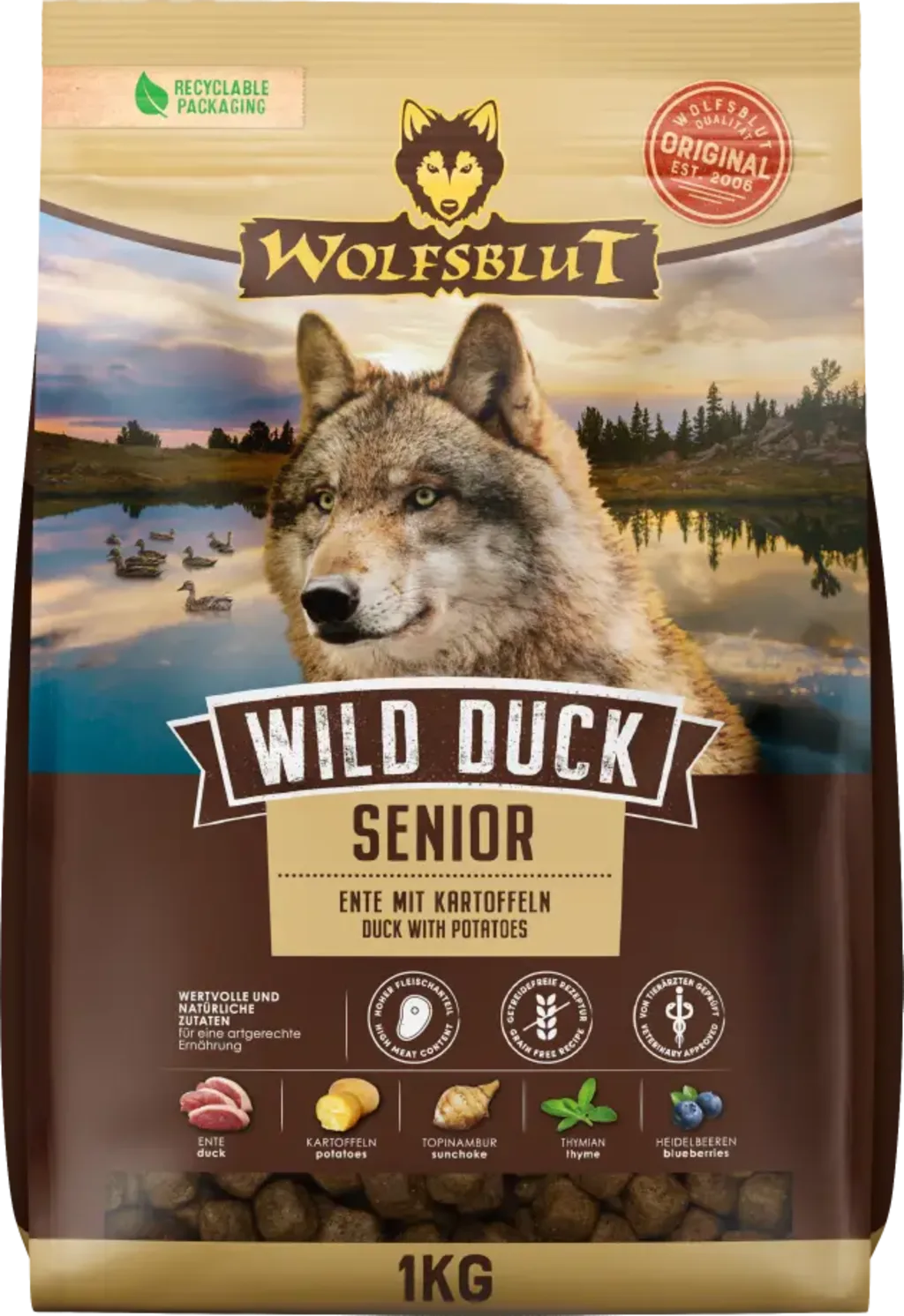 Hundetrockenfutter Wild Duck Senior Ente & Kartoffeln - 1 kg von Wolfsblut – Produktfoto