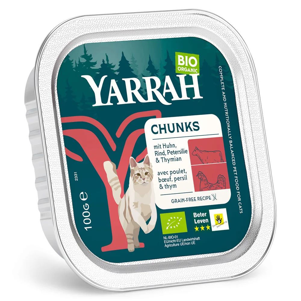 16x100g Yarrah Bio Chunks Bio-kip & Bio-rund met Bio-peterselie & Bio-tijm nat kattenvoer by Yarrah – product photo
