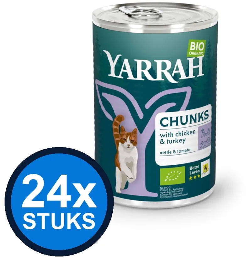 24x Yarrah Bio Kattenvoer Chunks Kip & Kalkoen - Blik - 405g de Yarrah – photo produit