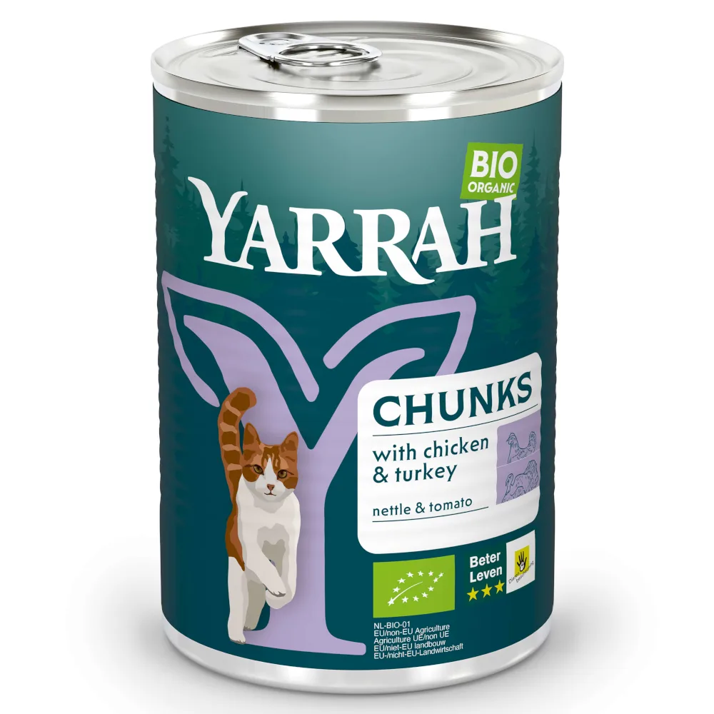 6x405g Bio Brokjes Kip en Kalkoen met Brandnetel & Tomaat Yarrah Kattenvoer van Yarrah – productfoto
