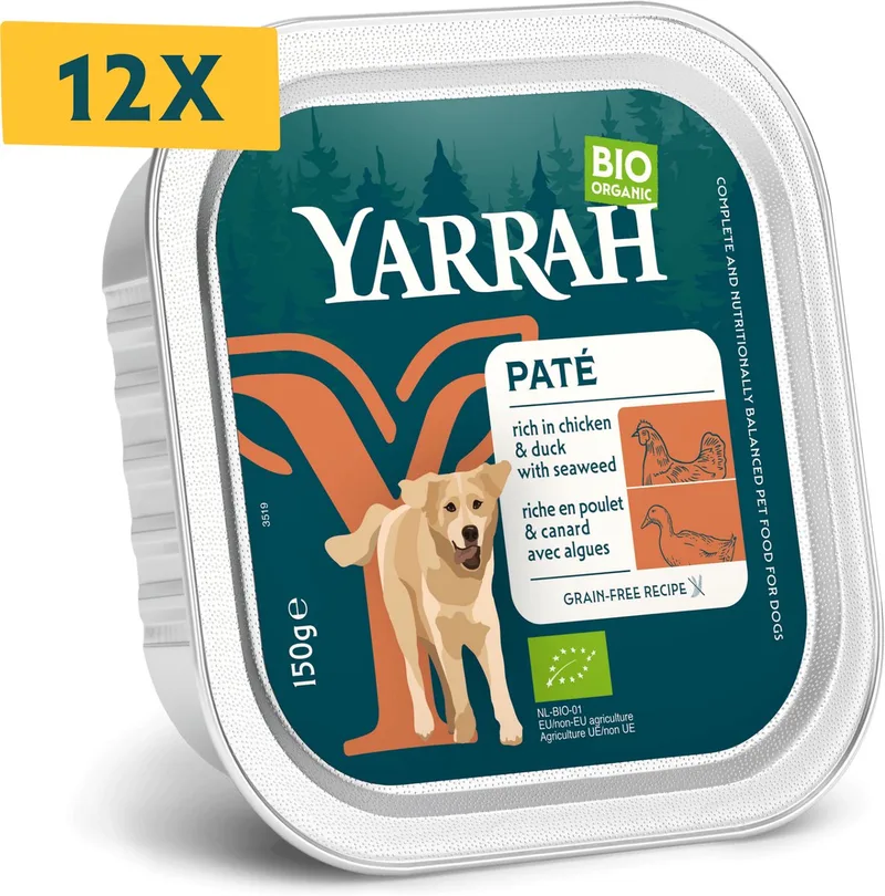 Bio Alu Paté Grainfree Hondenvoer Nat Kip & Eend - 12 x 150 gr - Voordeelverpakking by Yarrah – product photo