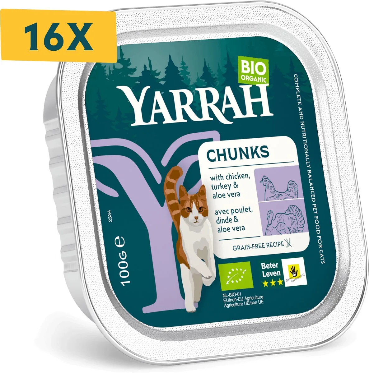 bio cat alu chunks met kip / kalkoen - 16x100 gr NL-BIO-01 fra Yarrah – produktbillede