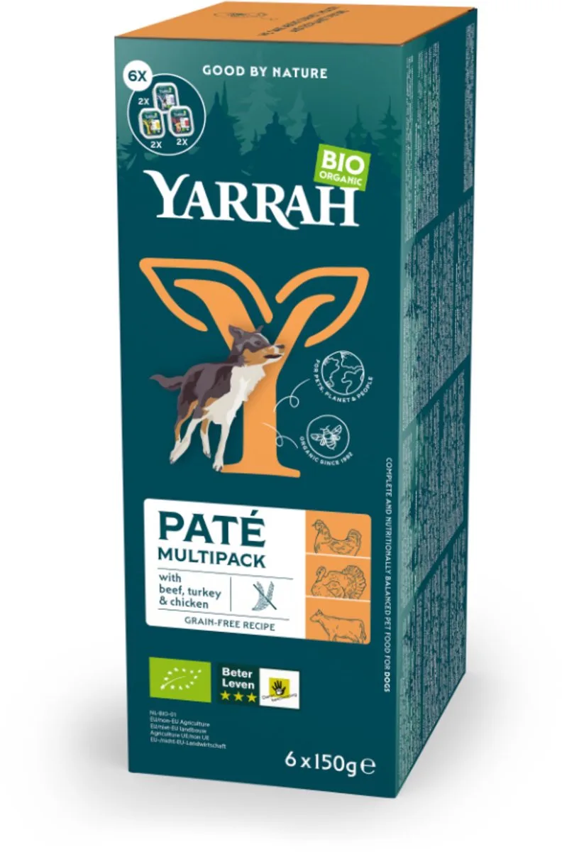 Bio Hondenvoer Multipack Paté Graanvrij Kip - Kalkoen - Rund 6 x 150 gr NL-BIO-01 von Yarrah – Produktfoto