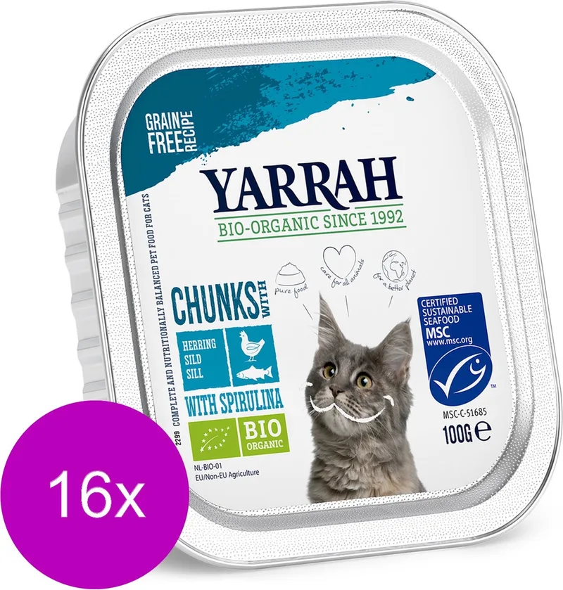 Bio Kat Alu Brokjes In Saus - Kip & Haring - Kattenvoer - 16 x 100 g NL-BIO-01 fra Yarrah – produktbillede