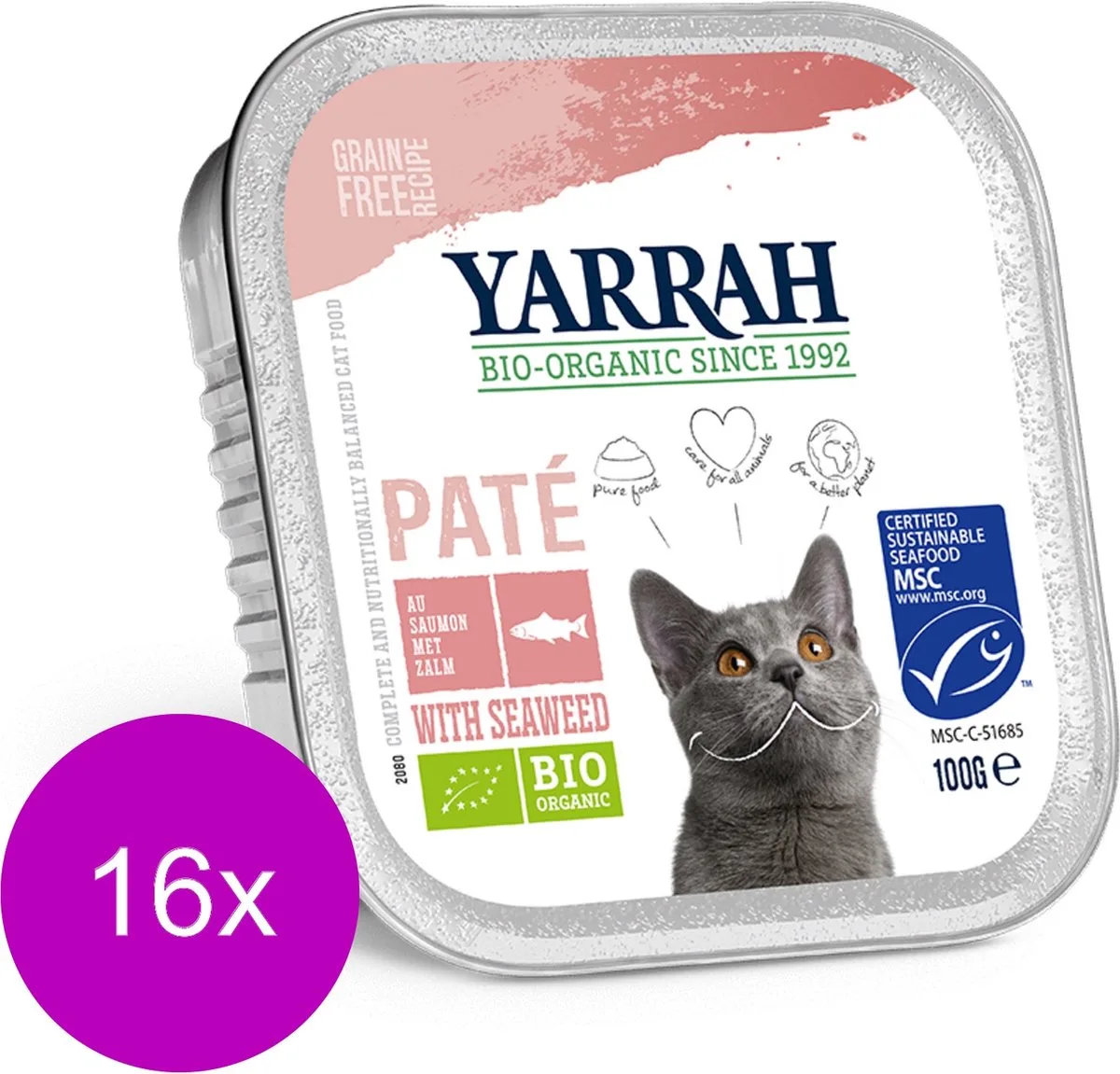 Bio Kat Alu Pate - Zalm - Kattenvoer - 16 x 100 g NL-BIO-01 van Yarrah – productfoto