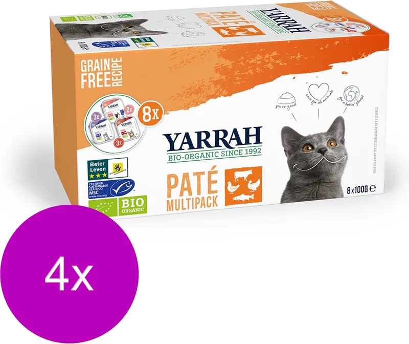 Bio Kat Mult-Pack Alu Kuip - Kip, Kalkoen & Rund - Kattenvoer - 4 x (8 x 100 g) NL-BIO-01 fra Yarrah – produktbillede