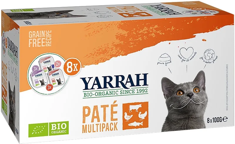 Bio Kattenvoer Multipack Paté Graanvrij Kip - Rund 8 x 100 gr NL-BIO-01 von Yarrah – Produktfoto