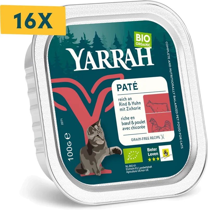 Bio Kattenvoer Paté Rund & Kip - 16 x 100 gr - Voordeelverpakking fra Yarrah – produktbillede