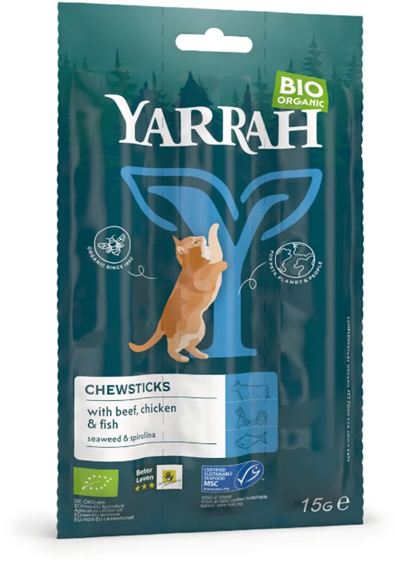 Bio kauwstaafjes - Vis, Zeewier & Spirulina - Kattensnack - 15 g von Yarrah – Produktfoto