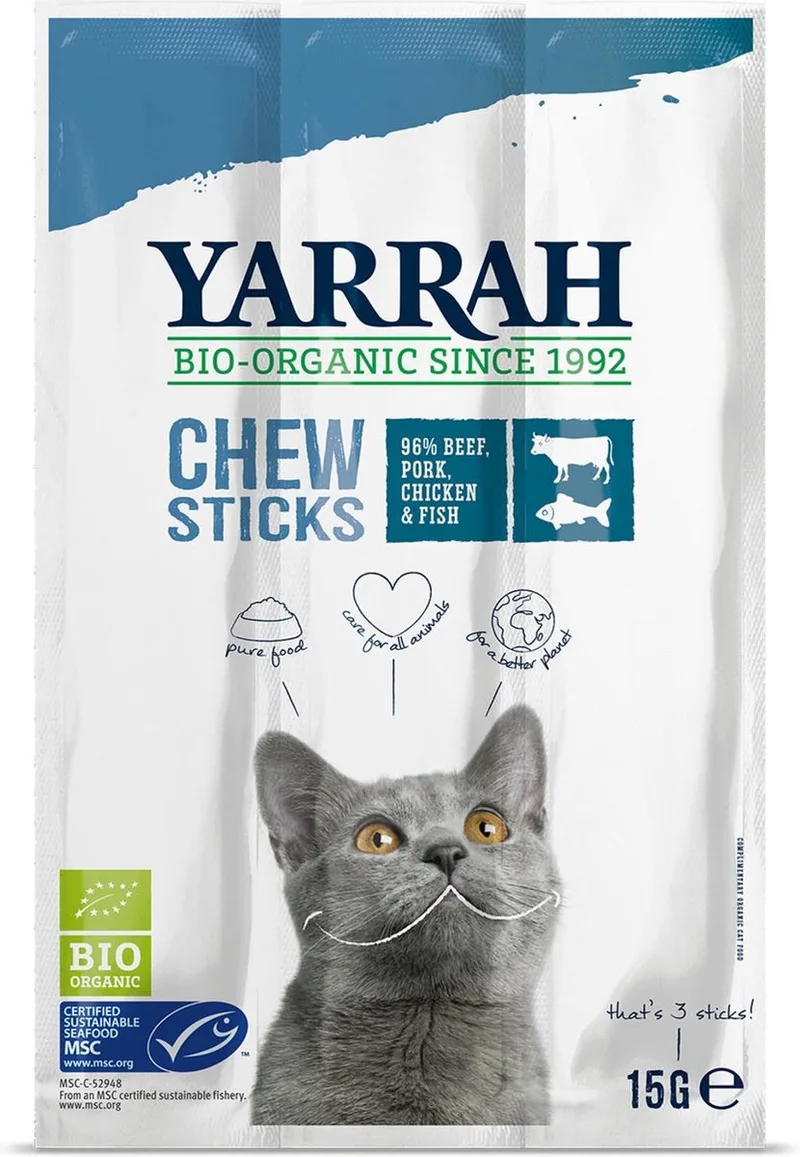Bio Kauwsticks - Rund & Vis - Kattensnack - 15 g NL-BIO-01 by Yarrah – product photo