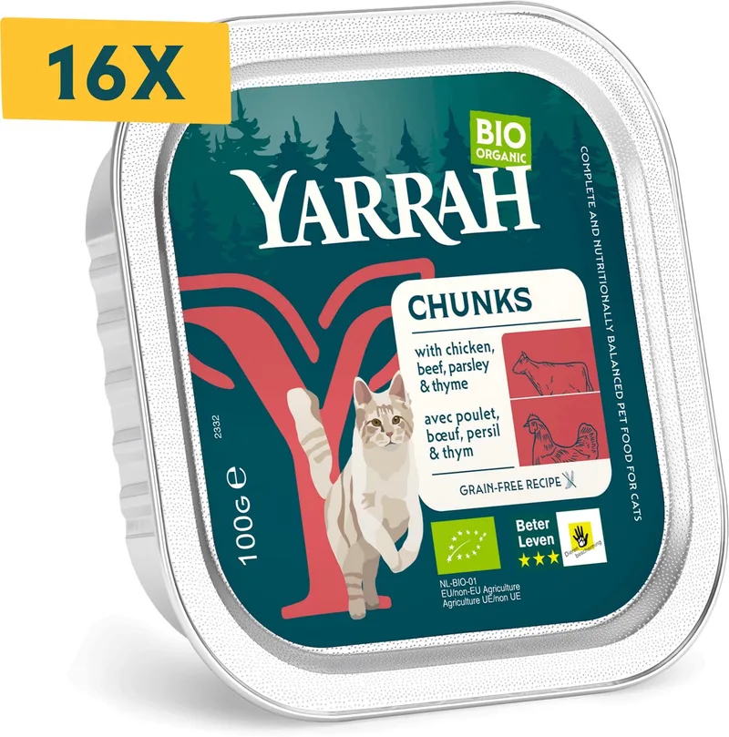 Biologisch kattenvoer chunks met kip en rund - 16 x 100gr de Yarrah – photo produit