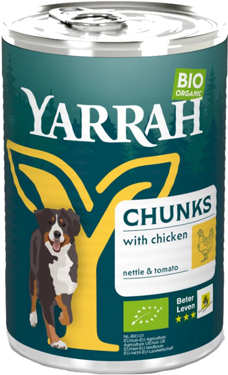 Biologische Hondenvoer - Brokjes In Saus Kip Met Brandnetel En Tomaat - 405 gr by Yarrah – product photo