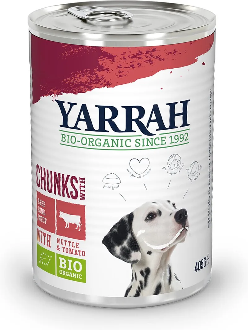 Dog Blik Brokjes Vlees In Saus - Rund - Hondenvoer - 12 x 405 g NL-BIO-01 by Yarrah – product photo