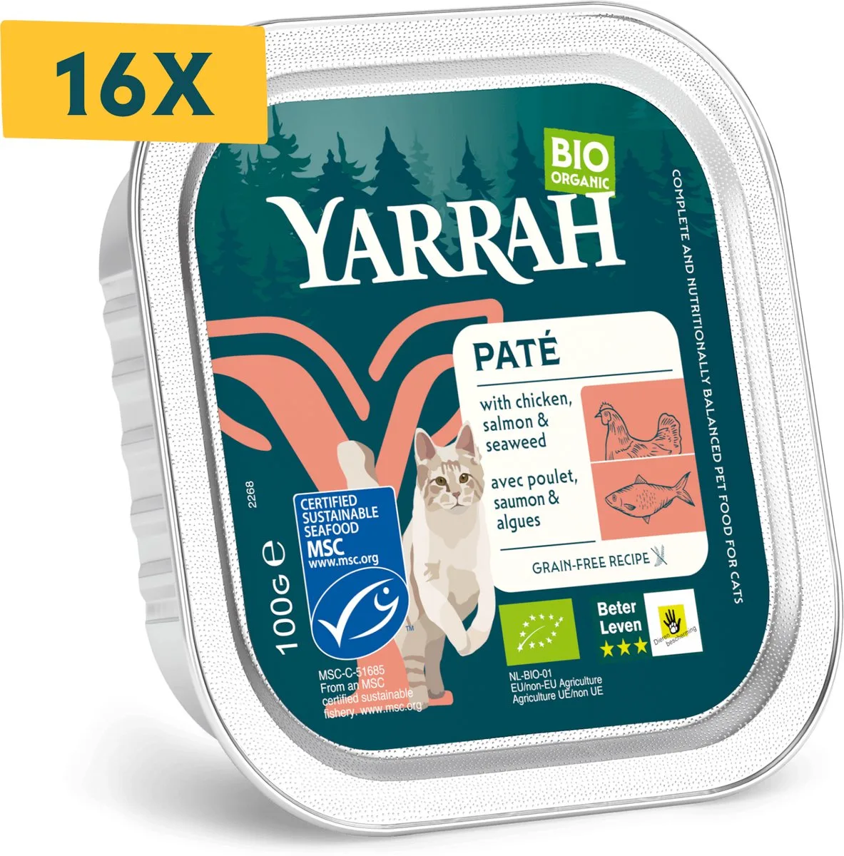 Katten Natvoer - Kuipje Wellness Paté - Zalm Omega 3 - 100 GR NL-BIO-01 by Yarrah – product photo