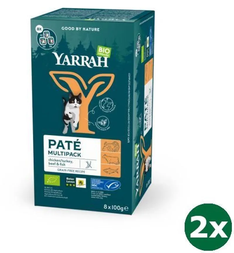 organic kat multipack pate zalm / kalkoen / rund kattenvoer 2x 8x100 gr NL-BIO-01 de Yarrah – photo produit