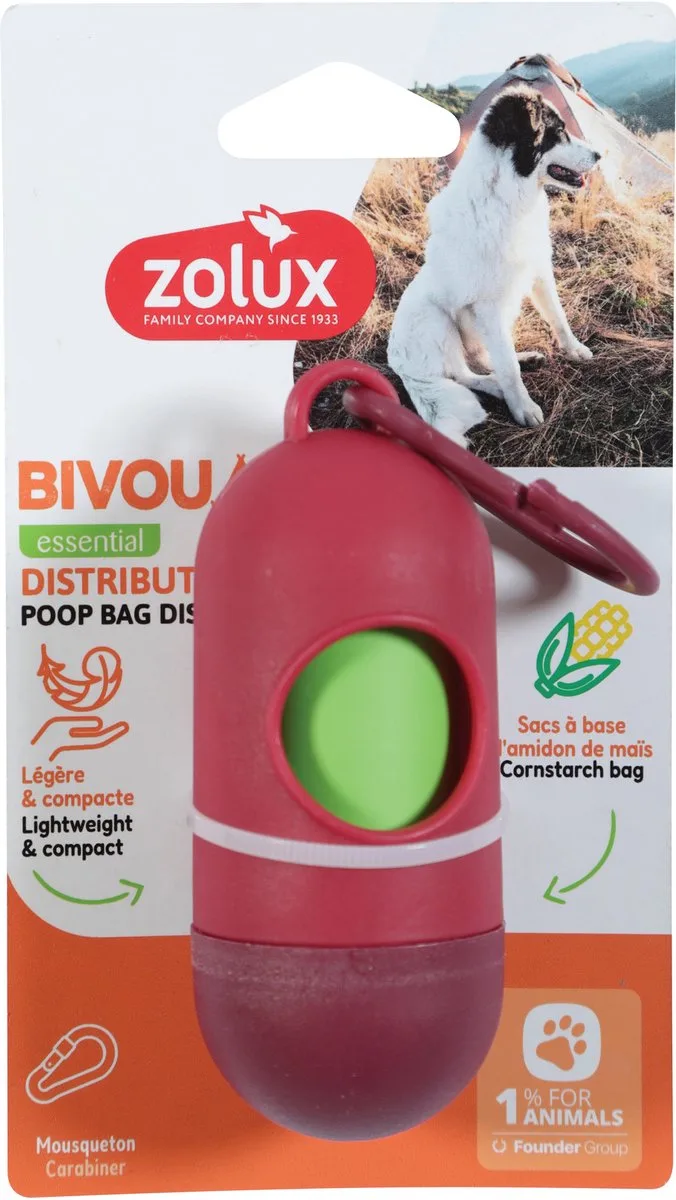 Poepzakhouder ZOLUX - 4x4x14 cm - Inclusief 15 Biologisch Afbreekbare Poepzakjes, Lichtgewicht met Karabijnhaak de Zolux en Rouge – photo produit