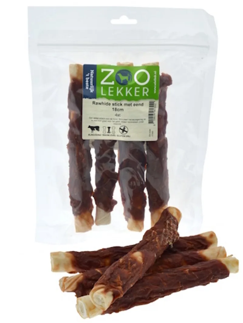 Rawhide stick met eend 18 cm - hondensnack van buffelhuid en eend, per 4 stuks von Zoolekker – Produktfoto
