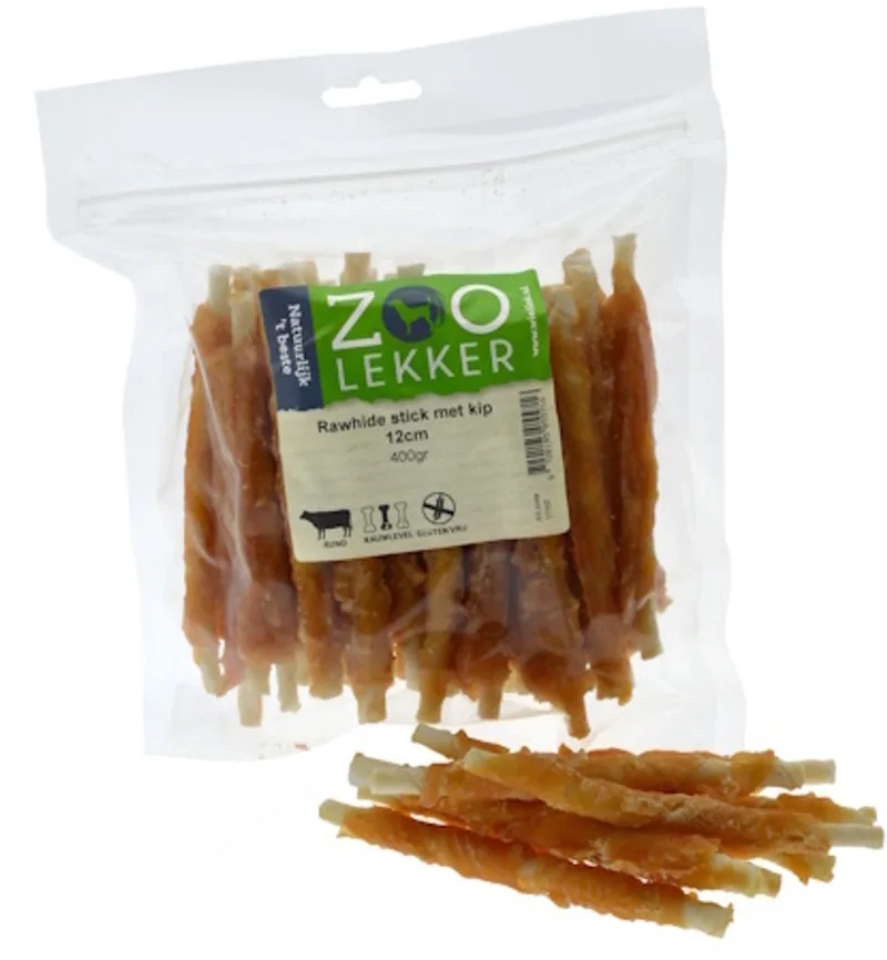 Rawhide stick met kip 12 cm - hondensnack van buffelhuid en kip, verpakkingen 100 g, 400 g en 1 kg 400 Gram de Zoolekker – photo produit