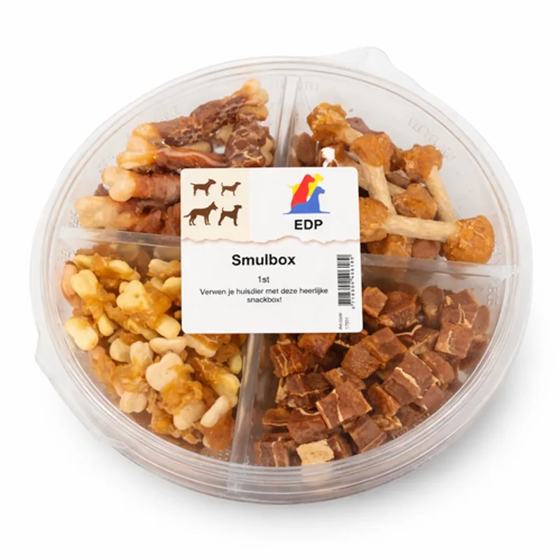 Smulbox - ronde snackbox met vier vakjes gevuld met diverse hondensnacks von Zoolekker – Produktfoto