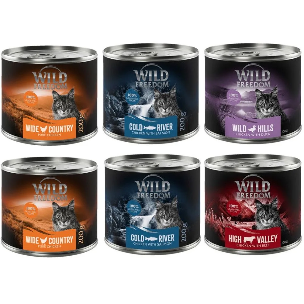 6x200 Adult Gemengd Pakket (2xKip/2xKoolvis/Rund/Eend) Wild Freedom Kattenvoer van Wild Freedom – productfoto