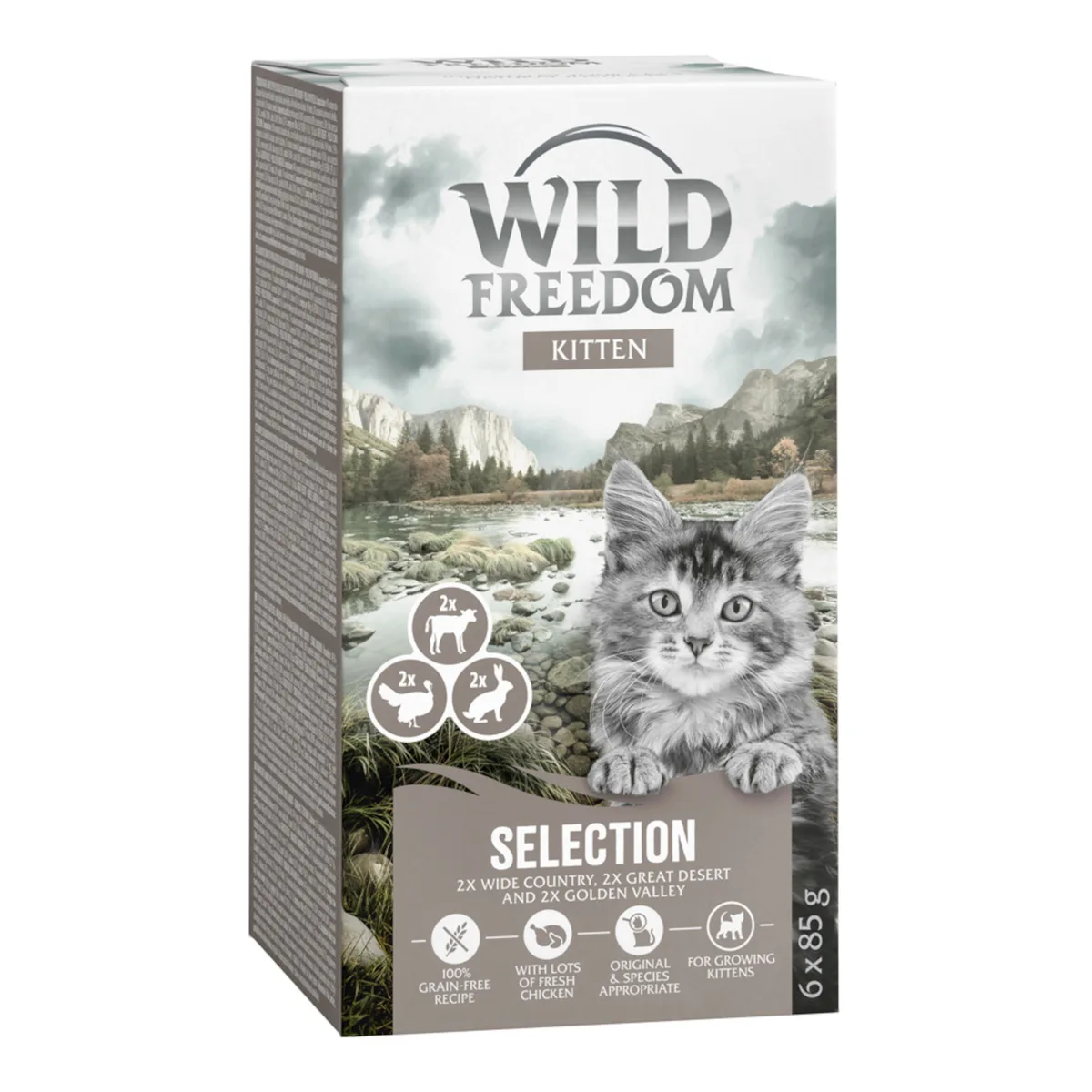 6x85g Wild Freedom Kittenschale Schale MixPack (2x Kalb, 2x Kaninchen, 2x Truthahn) Katzenfutter nass de Wild Freedom – photo produit