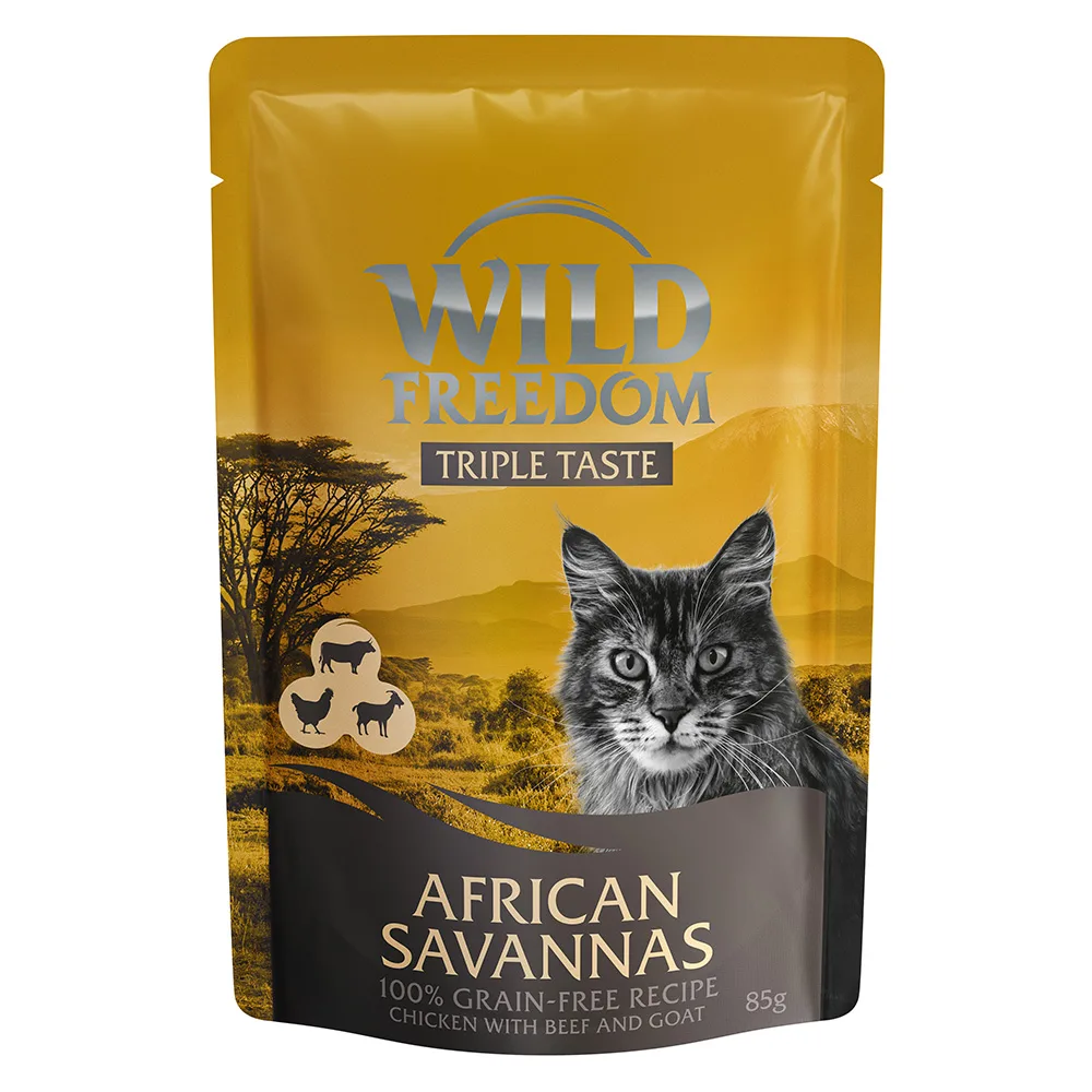 8x 85g Wild Freedom Triple Taste African Savannas Kip met Rund & Geit nat kattenvoer van Wild Freedom – productfoto