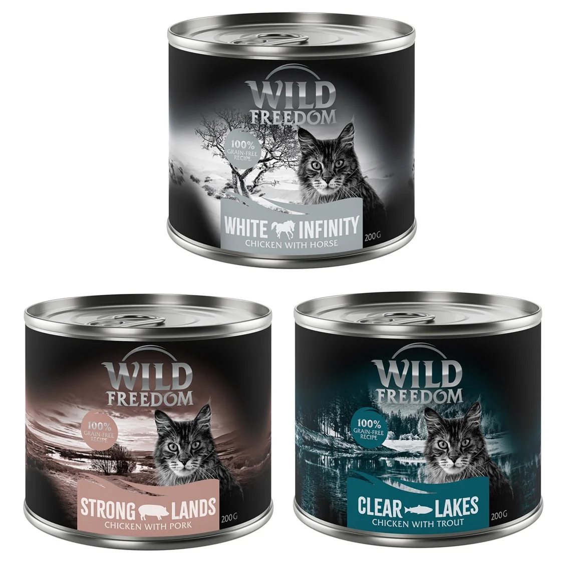 Adult Kattenvoer 6 x 200 g - Gemengd pakket 3: Strong Island, Clear Lakes, White Infinity van Wild Freedom – productfoto